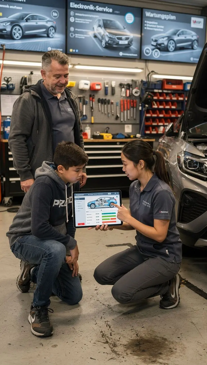 Illustration eines schrittweisen Ablaufs für symptomorientierte Kostenvoranschläge in der Autoreparatur.