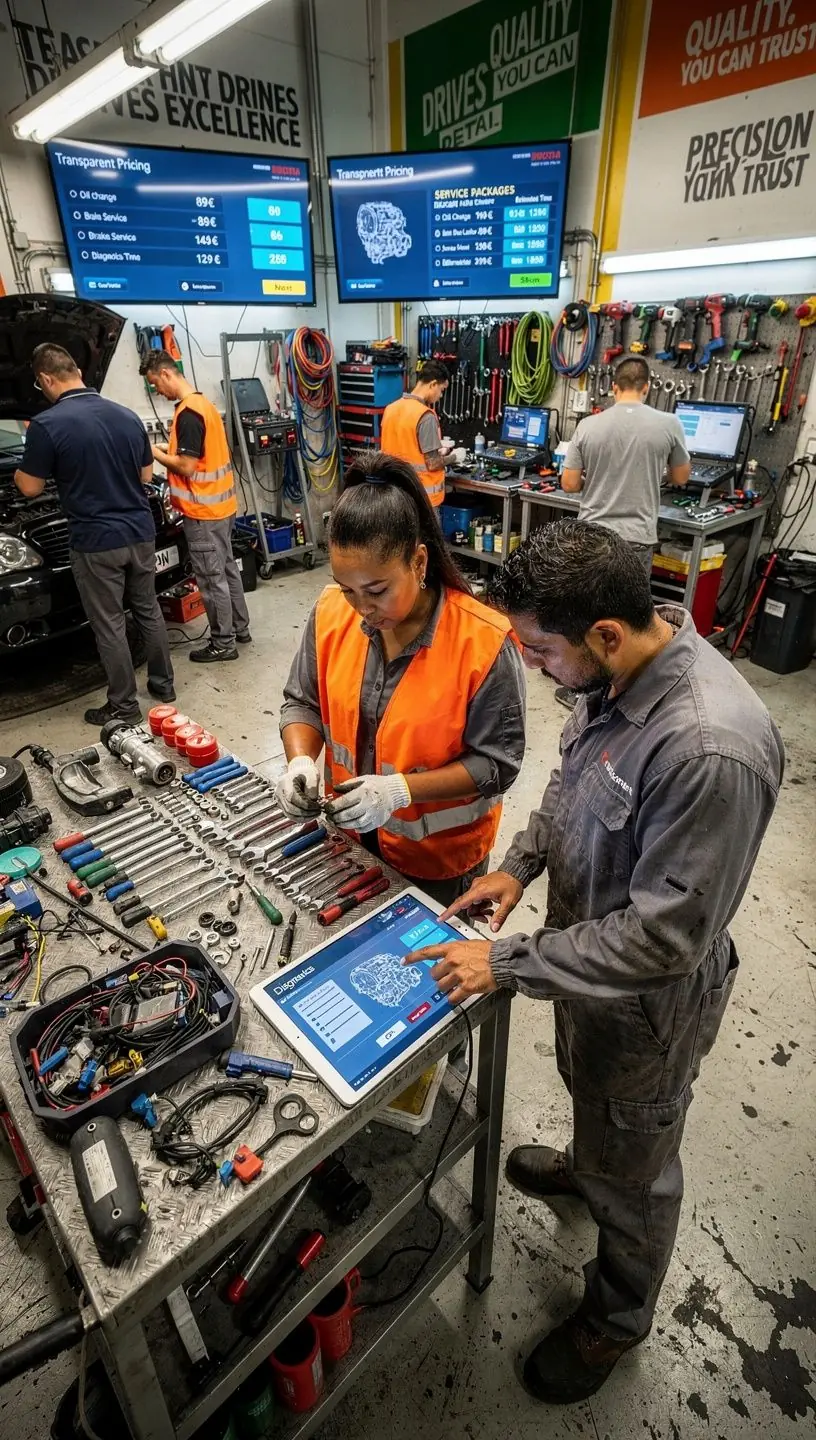 Nahaufnahme eines digitalen Reparaturangebots, das klare Preise für Teile und Arbeitszeit anzeigt.